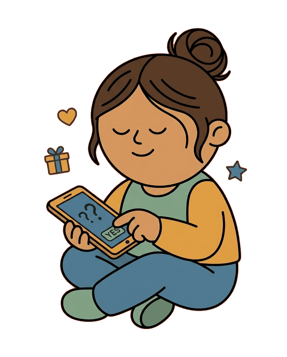 A character sitting cross-legged, gently answering questions on a tablet.