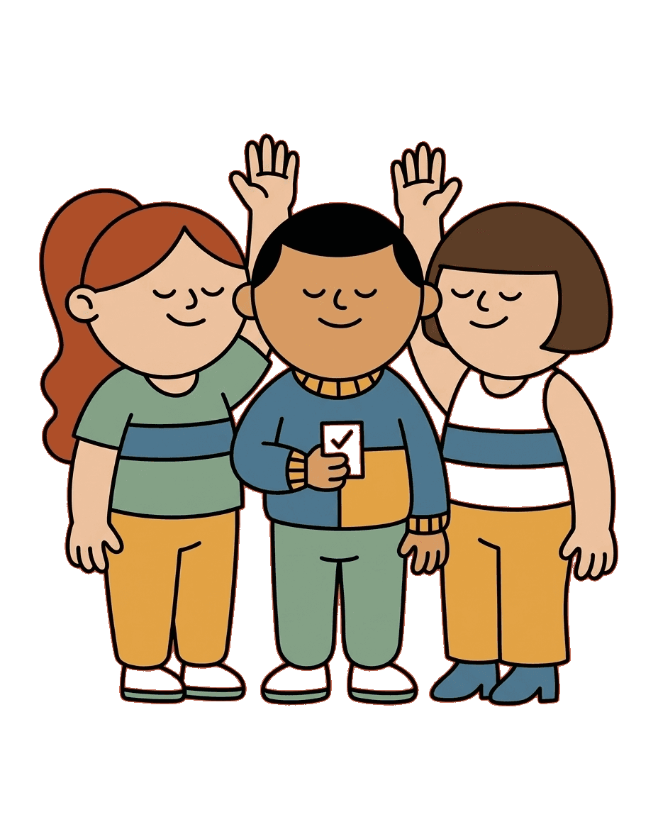 Three characters gently raising a hand to vote on a card in the middle.