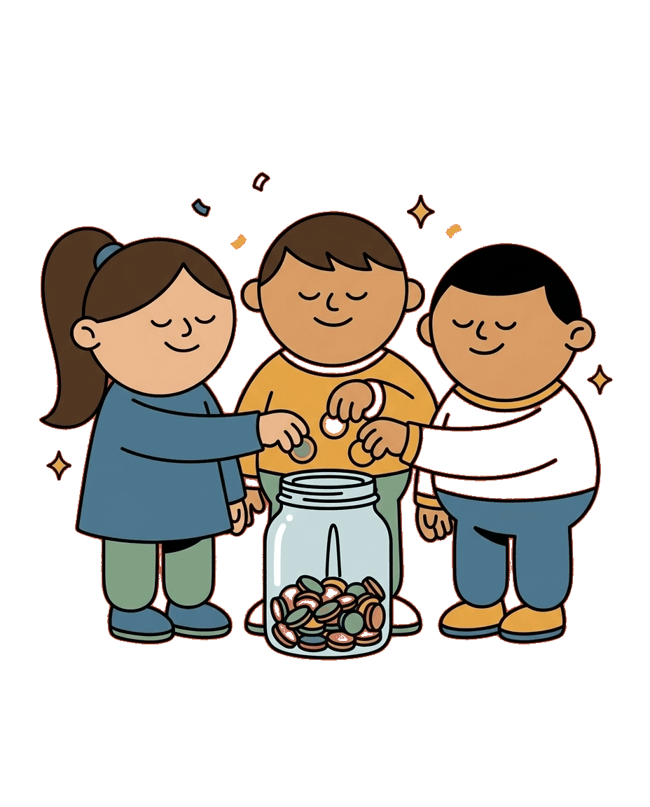 Three characters each placing a coin into a shared jar.