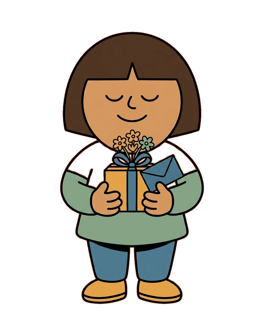 A character happily cradling a wrapped gift topped with flowers and a card.